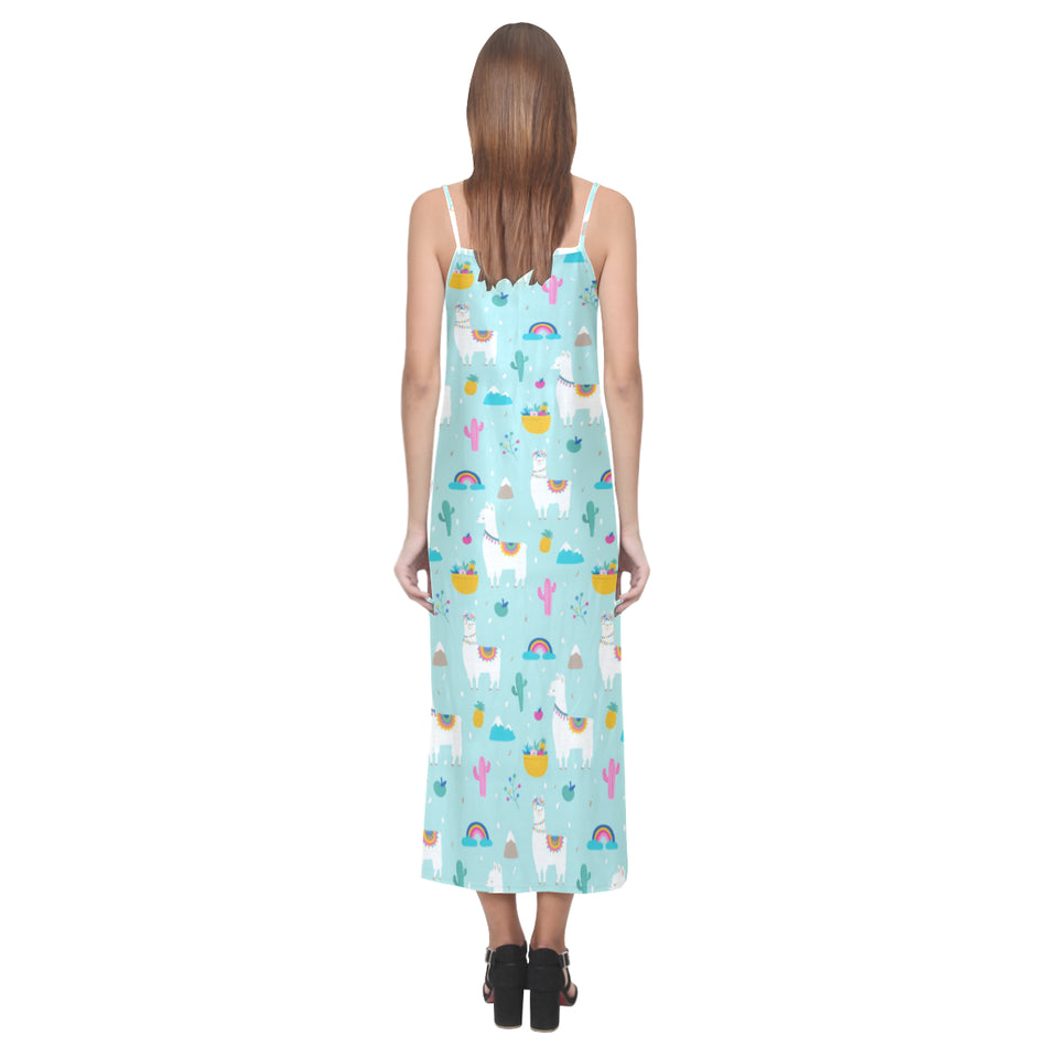 Llama alpaca cactus leaves pattern V-Neck Open Fork Long Dress