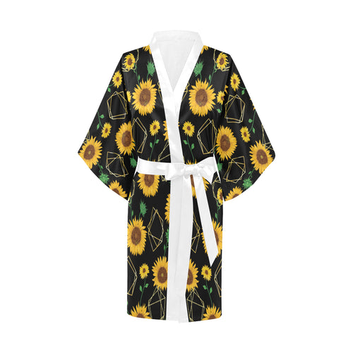 sunflower golden polygonal shapes Women's Short Kimono Robe