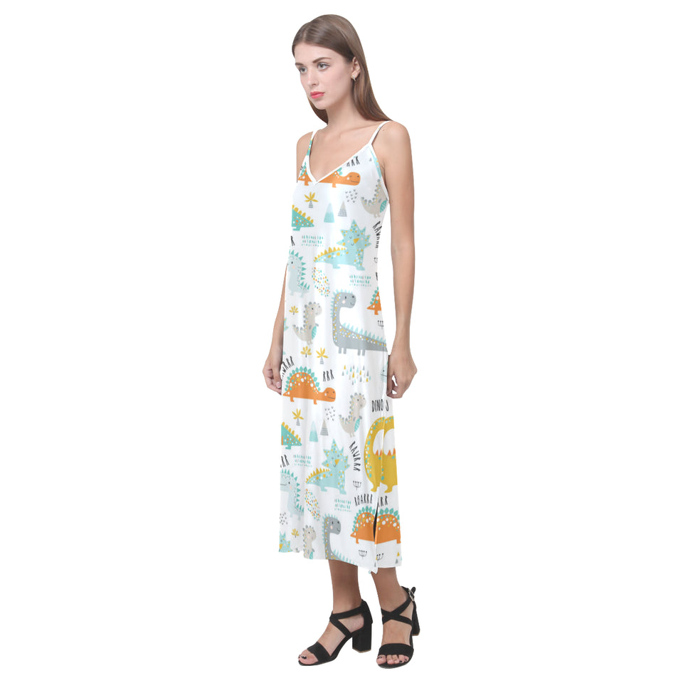 Cute funny kids dinosaurs pattern V-Neck Open Fork Long Dress