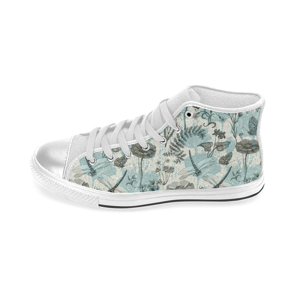 Dragonfly Butterfly Plants insect flower vintage s Women's High Top Canvas Shoes White