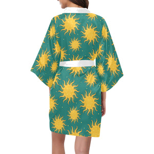 Sun green background Women's Short Kimono Robe