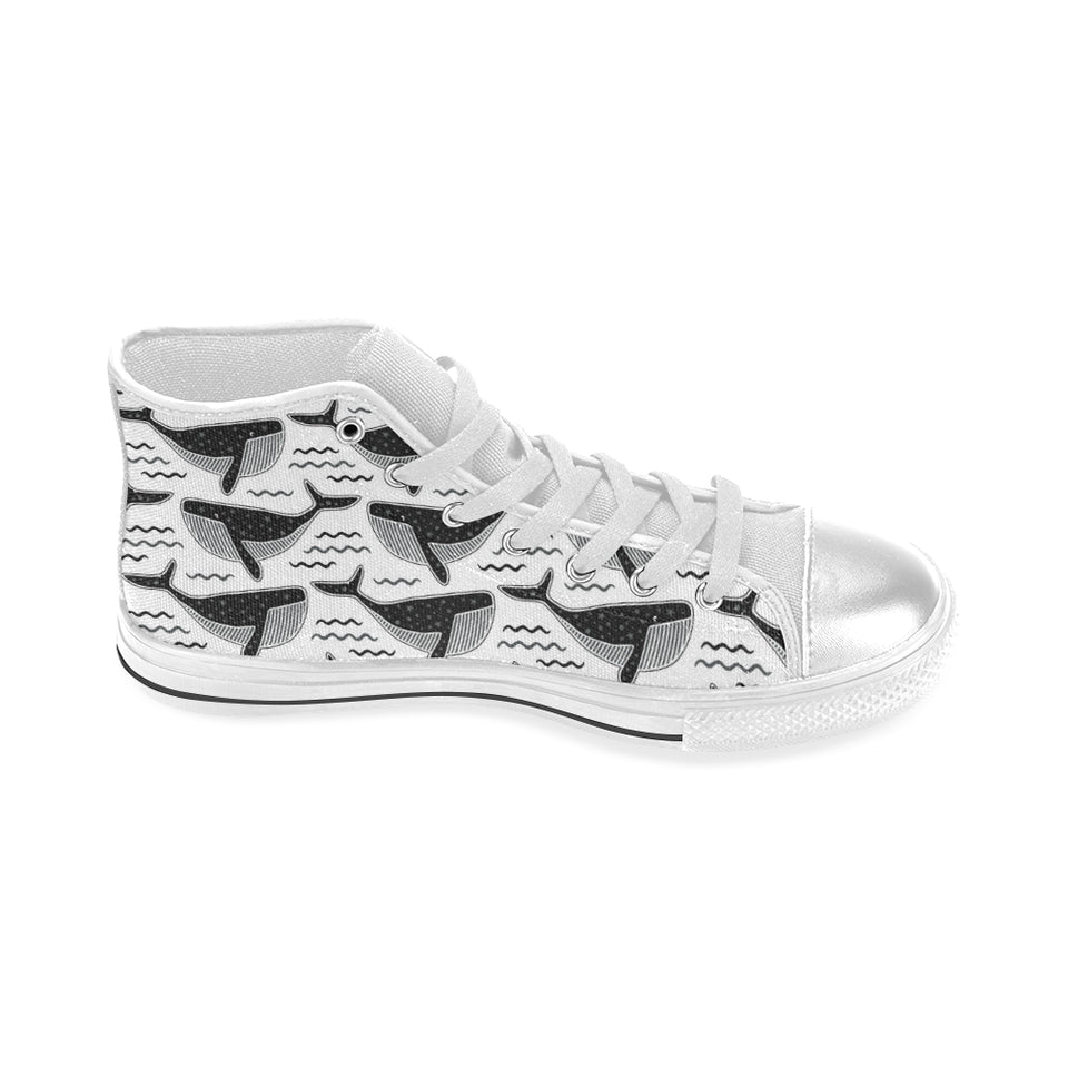 Black whale pattern Women's High Top Canvas Shoes White