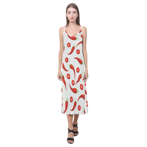 Chili pattern V-Neck Open Fork Long Dress