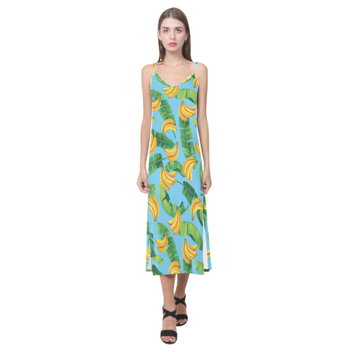 banana leaves banana design pattern V-Neck Open Fork Long Dress