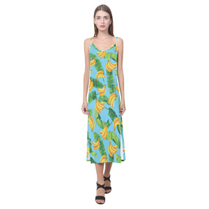 banana leaves banana design pattern V-Neck Open Fork Long Dress