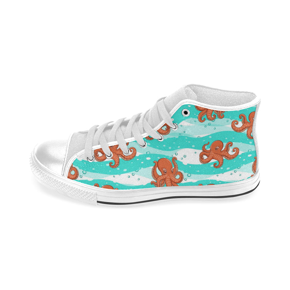 Octopuses sea wave background Men's High Top Canvas Shoes White