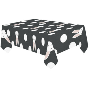Cute white rabbit polka dots black background Tablecloth
