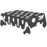 Cute white rabbit polka dots black background Tablecloth