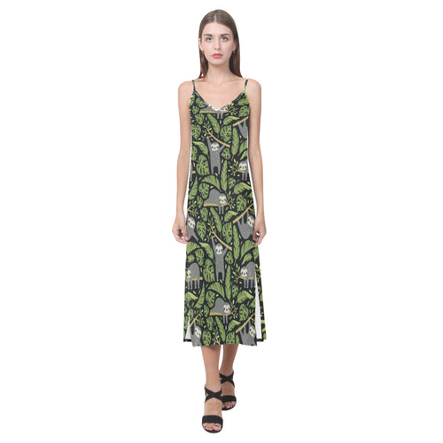 Cute sloths tropical palm leaves black background V-Neck Open Fork Long Dress