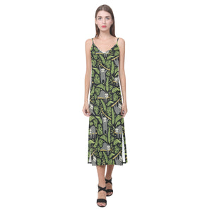 Cute sloths tropical palm leaves black background V-Neck Open Fork Long Dress