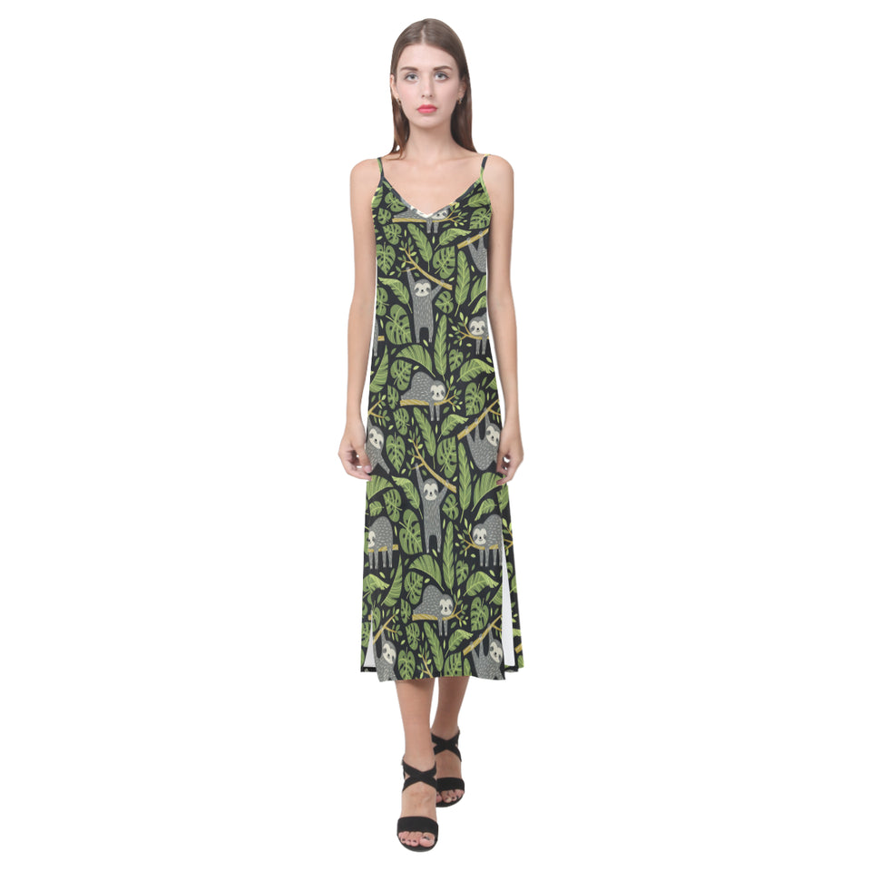 Cute sloths tropical palm leaves black background V-Neck Open Fork Long Dress
