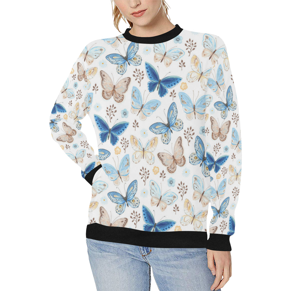 blue butterfly pattern Women's Crew Neck Sweatshirt