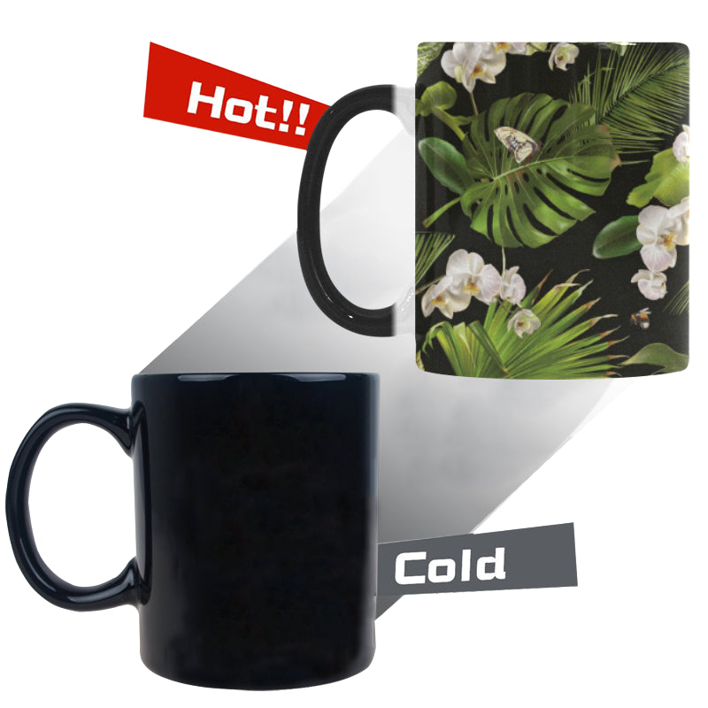 White orchid flower tropical leaves pattern blackg Morphing Mug Heat Changing Mug