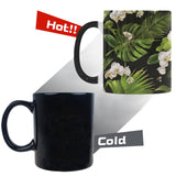 White orchid flower tropical leaves pattern blackg Morphing Mug Heat Changing Mug