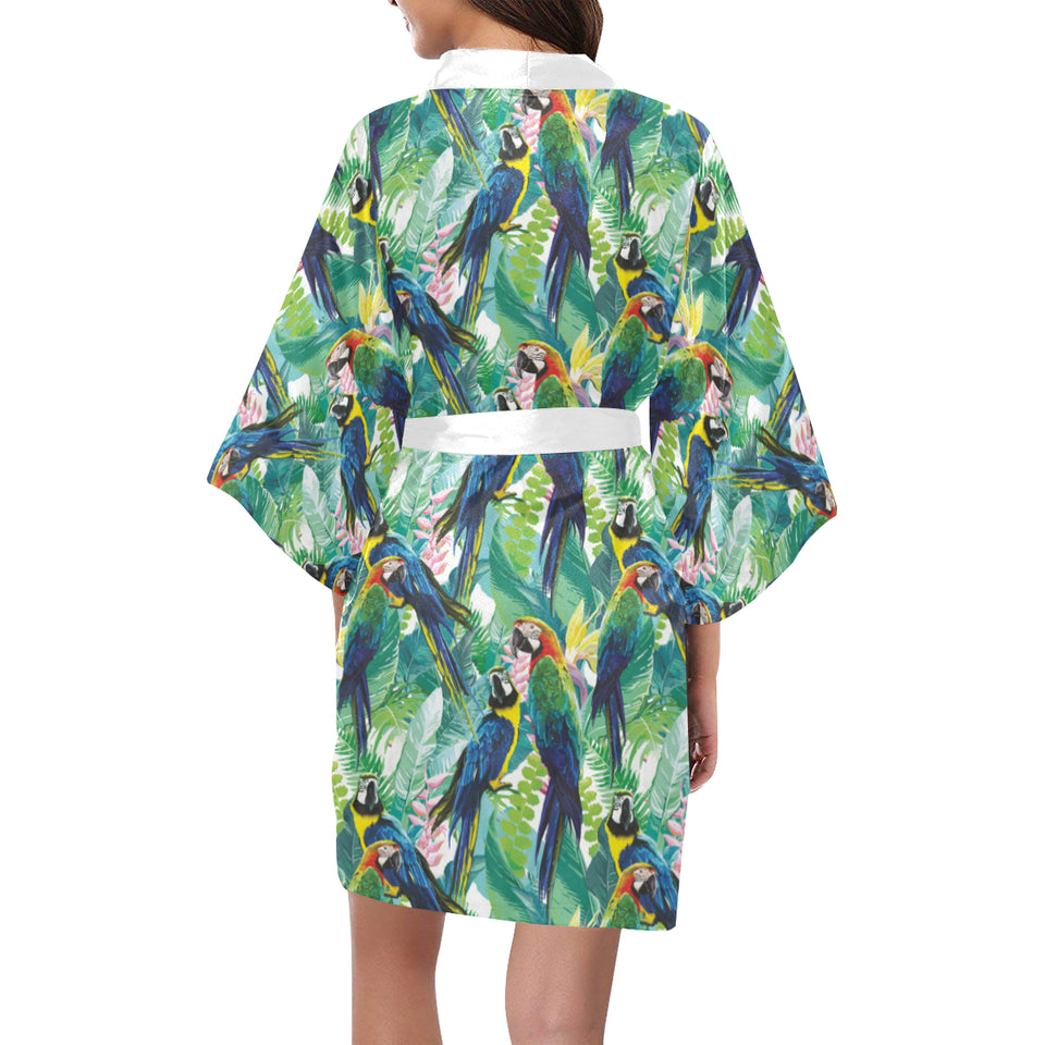 Colorful parrot exotic flower leaves Women's Short Kimono Robe