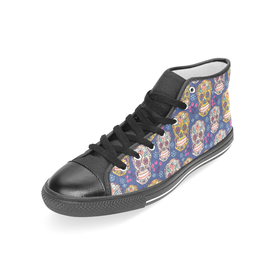 Sugar skull flower pattern Women's High Top Canvas Shoes Black