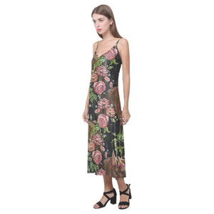 Horse head wild roses pattern V-Neck Open Fork Long Dress