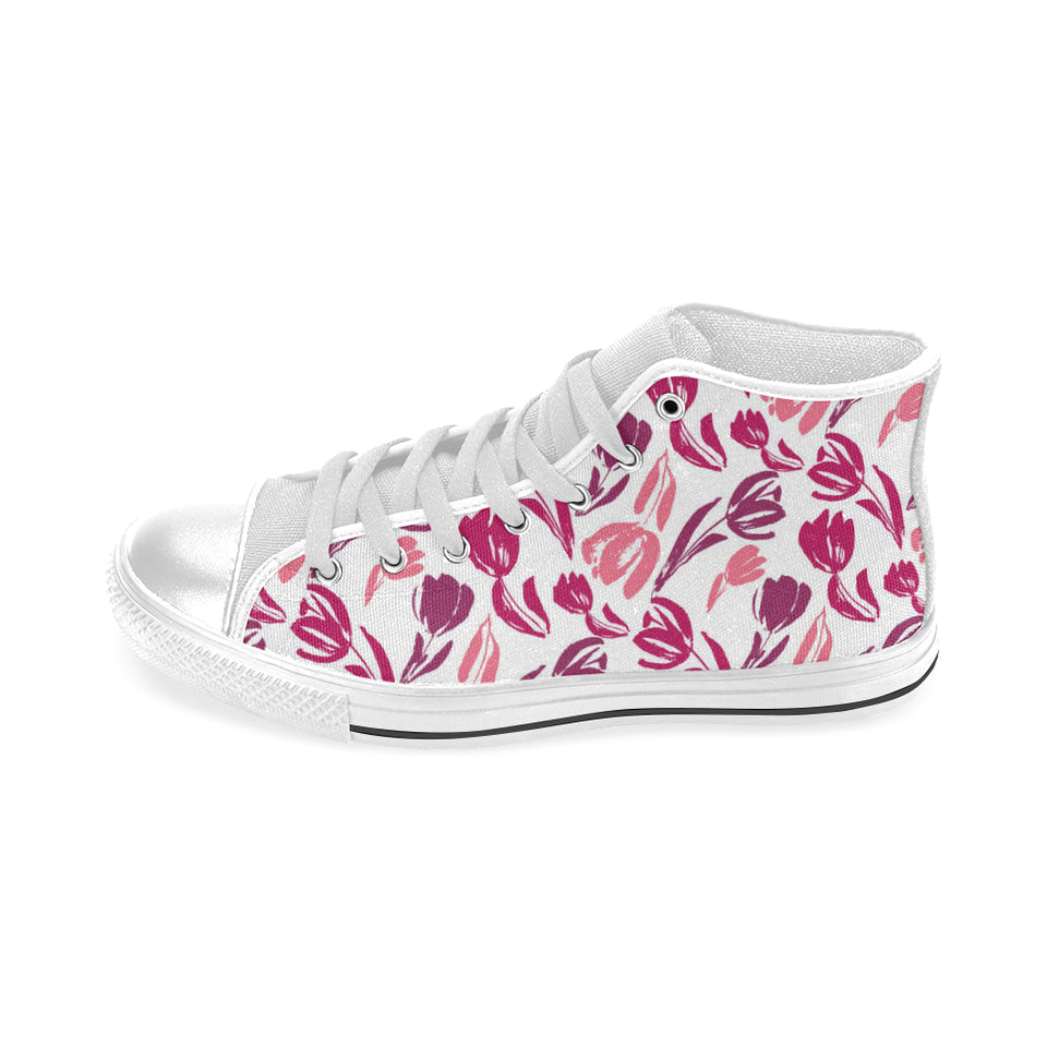 pink sketch tulip pattern Men's High Top Canvas Shoes White