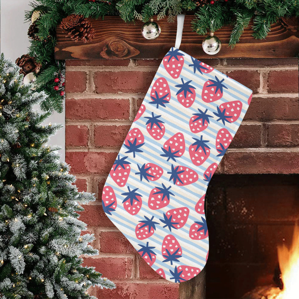 Strawberry pattern blue lines background Christmas Stocking