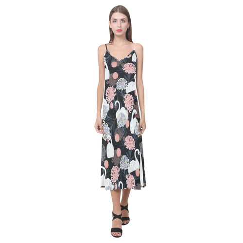 white swan blooming flower pattern V-Neck Open Fork Long Dress