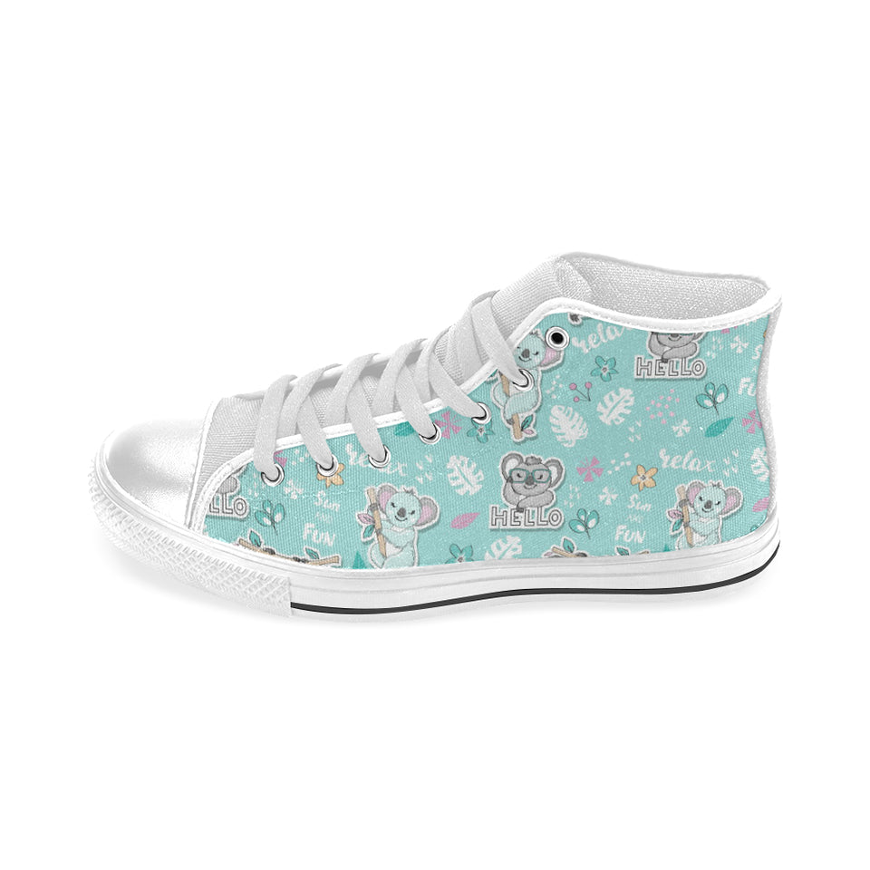 Cute koalas blue background pattern Men's High Top Canvas Shoes White