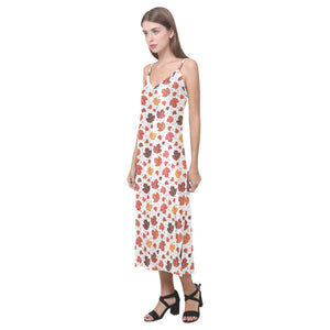 Colorful Maple Leaf pattern V-Neck Open Fork Long Dress