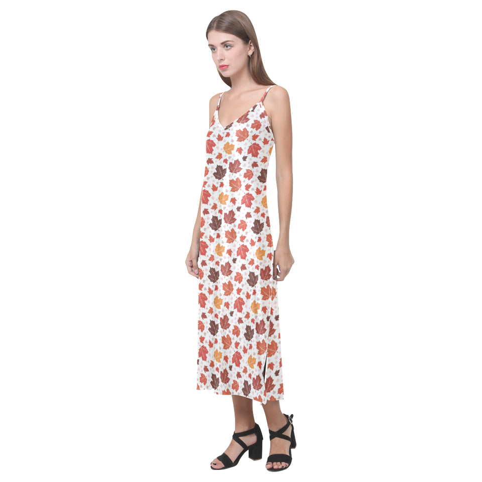 Colorful Maple Leaf pattern V-Neck Open Fork Long Dress