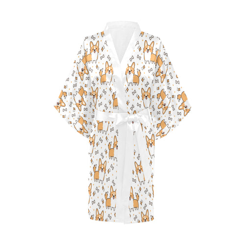 Cute corgi heart star bone pattern Women's Short Kimono Robe