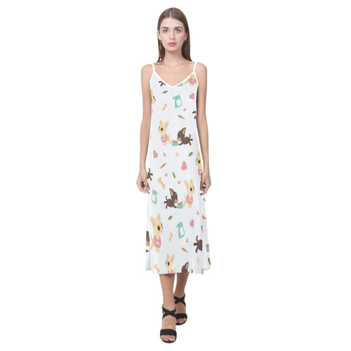 Cute Chihuahua puppie pattern V-Neck Open Fork Long Dress