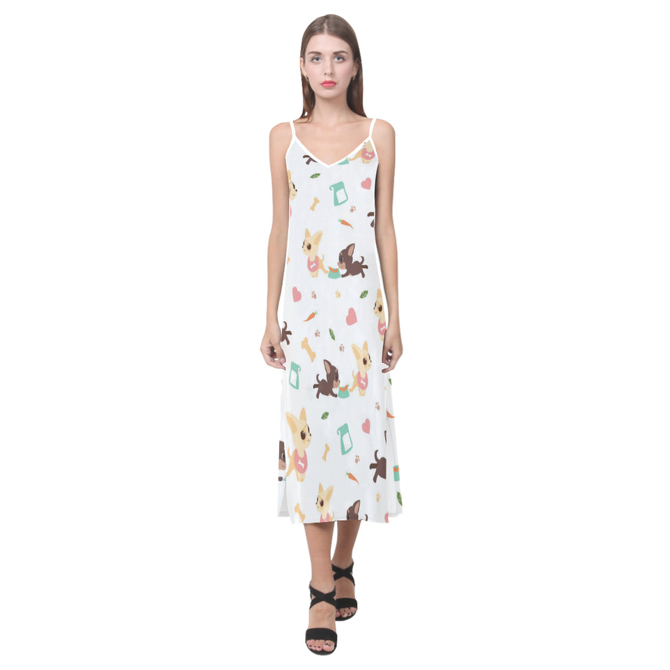 Cute Chihuahua puppie pattern V-Neck Open Fork Long Dress