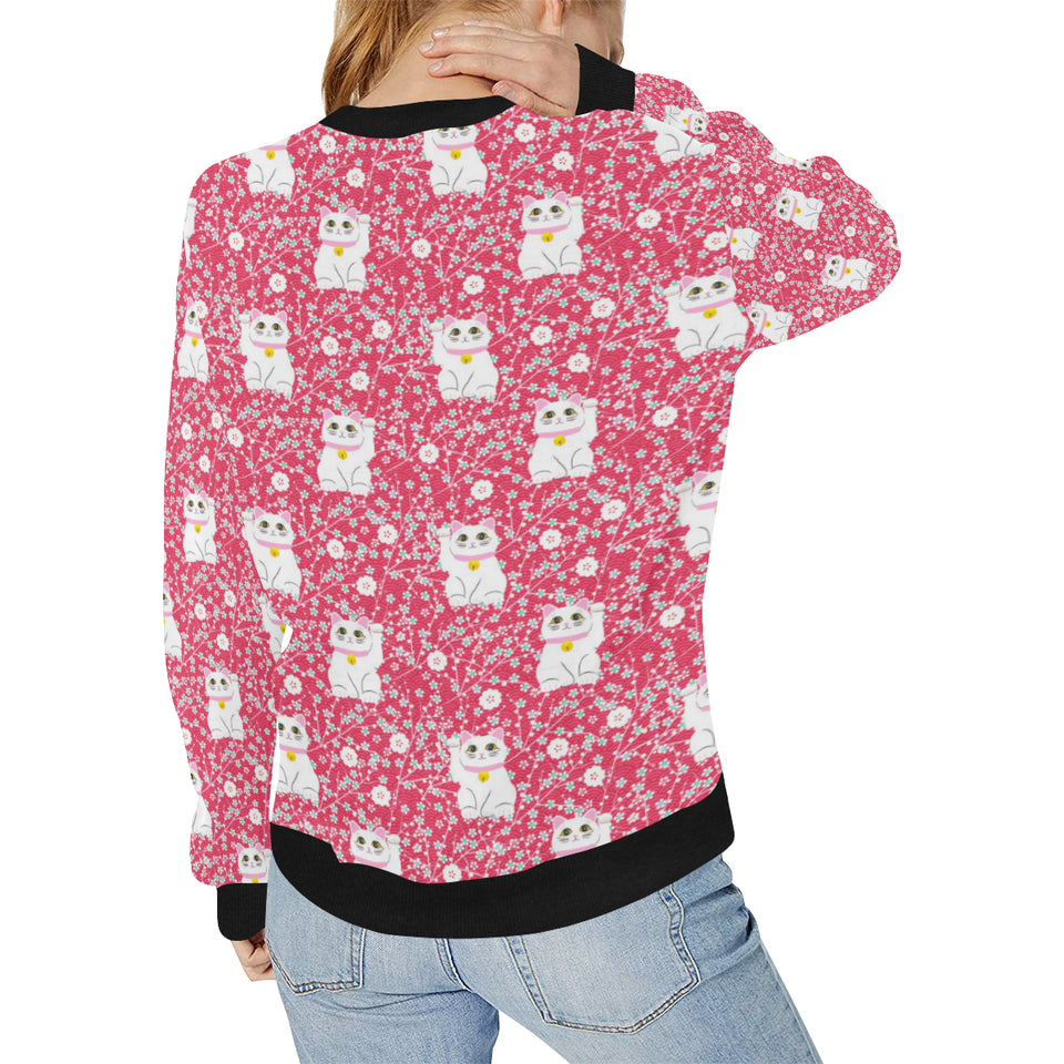 Maneki neko cat sakura pink background Women's Crew Neck Sweatshirt