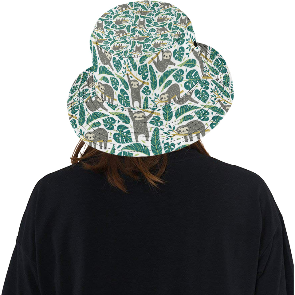Cute sloths tropical palm leaves white background Unisex Bucket Hat