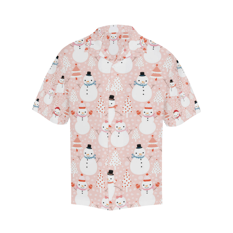 Cute snowman christmas tree snowpink background Men's All Over Print Hawaiian Shirt