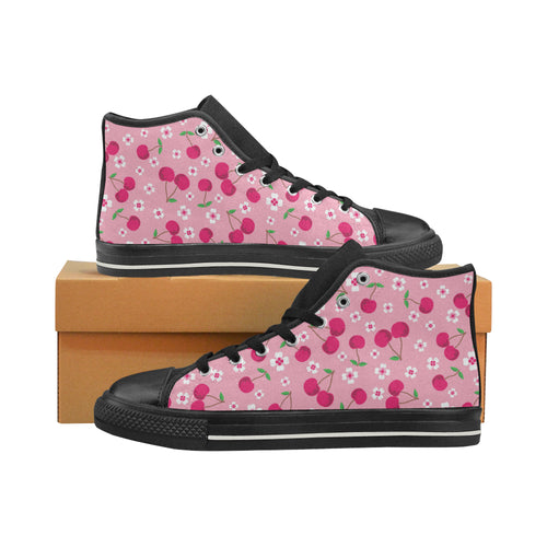 cherry flower pattern pink background Men's High Top Canvas Shoes Black
