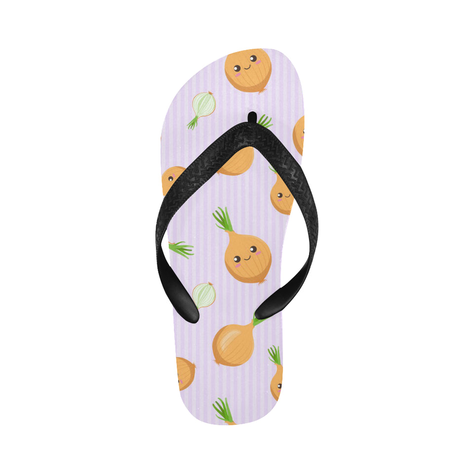 cute onions smiling faces purple background Unisex Flip Flops