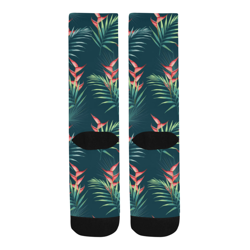 heliconia flowers, palm and monstera leaves on bla Crew Socks