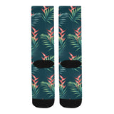 heliconia flowers, palm and monstera leaves on bla Crew Socks
