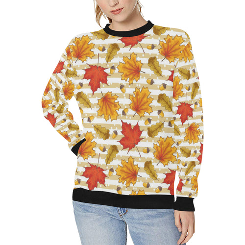 Maple leaf oak leaf acorns beige striped backgroun Women's Crew Neck Sweatshirt