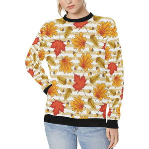 Maple leaf oak leaf acorns beige striped backgroun Women's Crew Neck Sweatshirt