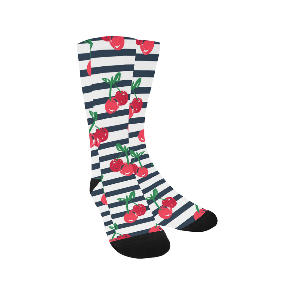 Hand drawn cherry pattern striped background Crew Socks