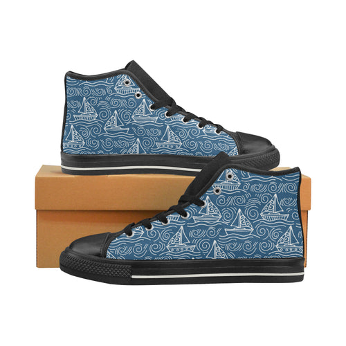Hand drawn sailboat pattern Women's High Top Canvas Shoes Black