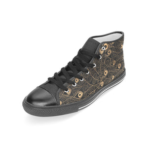 Gold peacock feather pattern Women's High Top Canvas Shoes Black
