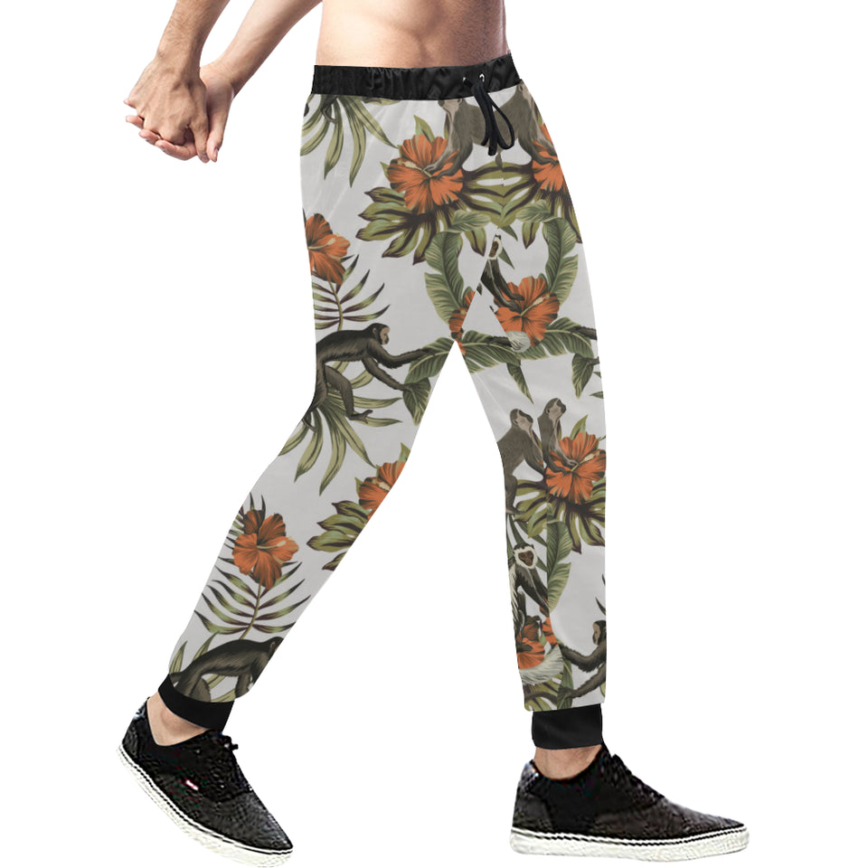 Monkey red hibiscus flower palm leaves floral patt Unisex Casual Sweatpants