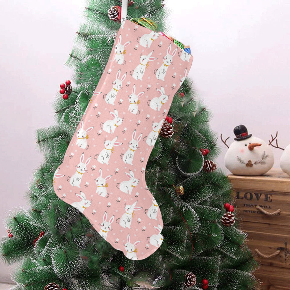 Cute white rabbit flower pink background Christmas Stocking