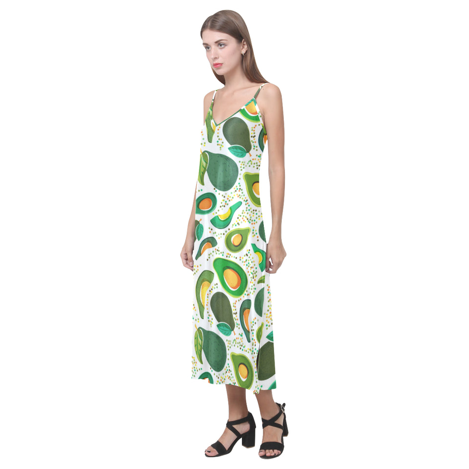 Avocado design pattern V-Neck Open Fork Long Dress