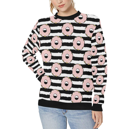 Donuts pink icing striped pattern Women's Crew Neck Sweatshirt