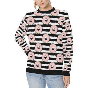 Donuts pink icing striped pattern Women's Crew Neck Sweatshirt