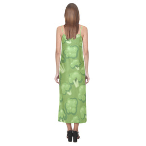 Broccoli pattern green background V-Neck Open Fork Long Dress