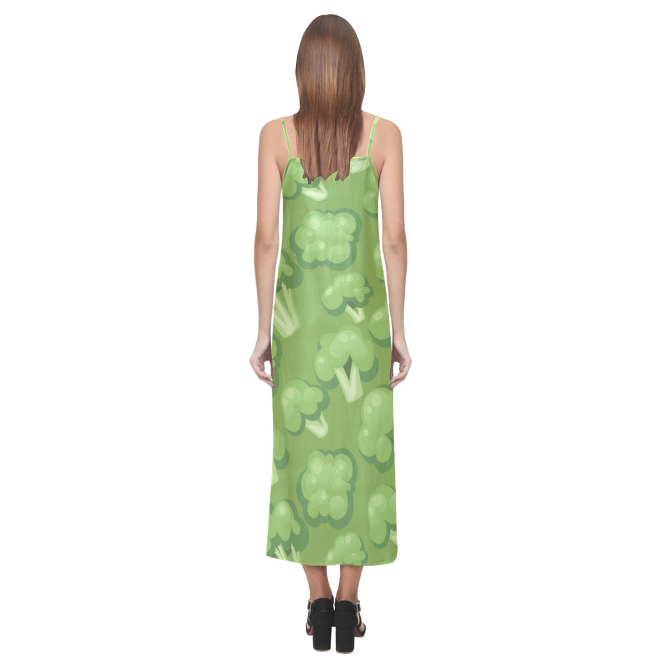Broccoli pattern green background V-Neck Open Fork Long Dress
