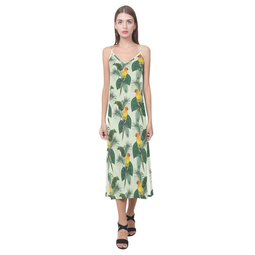 Beautiful parrot palm leaves pattern V-Neck Open Fork Long Dress